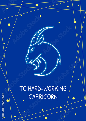 Greetings to hard working capricorn postcard with linear glyph icon. Greeting card with decorative vector design. Simple style poster with creative lineart illustration. Flyer with holiday wish
