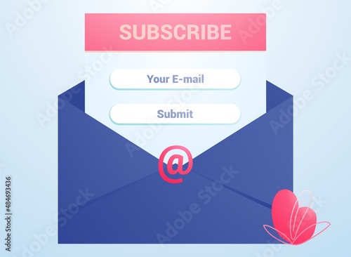 Newsletter subscription news offers, promotions Vector illustration banner of email marketing Follow me Subscribe Submit Send by mail Open blue envelope with letter