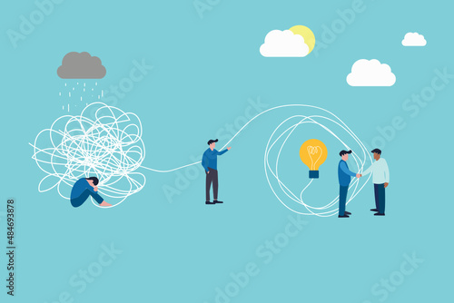 Business problem solving concept. Tangle and unraveled. abstract metaphor. Teamwork, coworking, partnership. Vector illustration