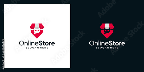 Shopping store logo with chat bubble and pin location. Online shop icon simple minimalist logo design vector illustration. Isolation of objects on a black and white background.