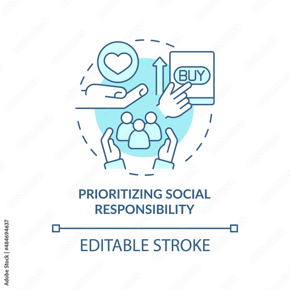 Prioritizing social responsibility turquoise concept icon. Marketing trend abstract idea thin line illustration. Isolated outline drawing. Editable stroke. Arial, Myriad Pro-Bold fonts used Prioritizing social responsibility turquoise concept icon. Marketing trend abstract idea thin line illustration. Isolated outline drawing. Editable stroke. Arial, Myriad Pro-Bold fonts used