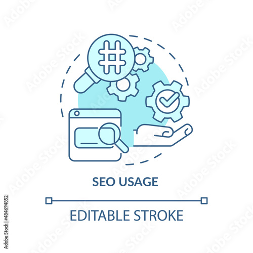 SEO usage turquoise concept icon. Digital content optimization. Marketing trend abstract idea thin line illustration. Isolated outline drawing. Editable stroke. Arial, Myriad Pro-Bold fonts used