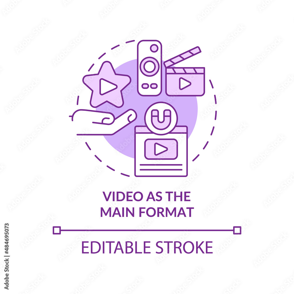 Plakat Video as main format purple concept icon. Ads technology. Content marketing trend abstract idea thin line illustration. Isolated outline drawing. Editable stroke. Arial, Myriad Pro-Bold fonts used