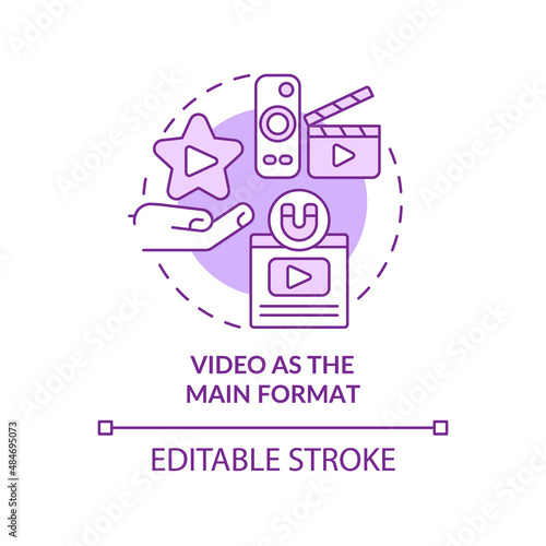 Video as main format purple concept icon. Ads technology. Content marketing trend abstract idea thin line illustration. Isolated outline drawing. Editable stroke. Arial, Myriad Pro-Bold fonts used