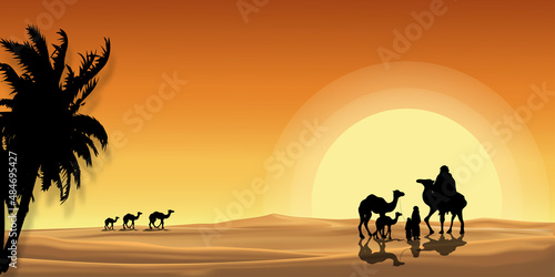 Vector Desert Landscape sSunset with Muslim caravan riding camels going through the sand dunes with orange sunlight reflection  Eid Mubarak or Ramadan Kareem greeting card