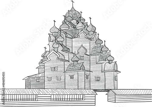 the old Russian church made of wooden logs, the ancient architecture of the Russian land