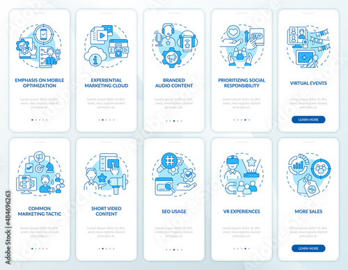 Marketing trends blue onboarding mobile app screen set. Business walkthrough 5 steps graphic instructions pages with linear concepts. UI, UX, GUI template. Myriad Pro-Bold, Regular fonts used