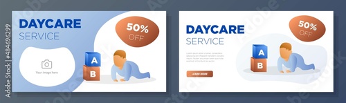 Childcare service online banner template set, daycare kids support corporate advertisement, horizontal ad, babysitter campaign webpage, happy baby flyer, creative brochure, isolated on background