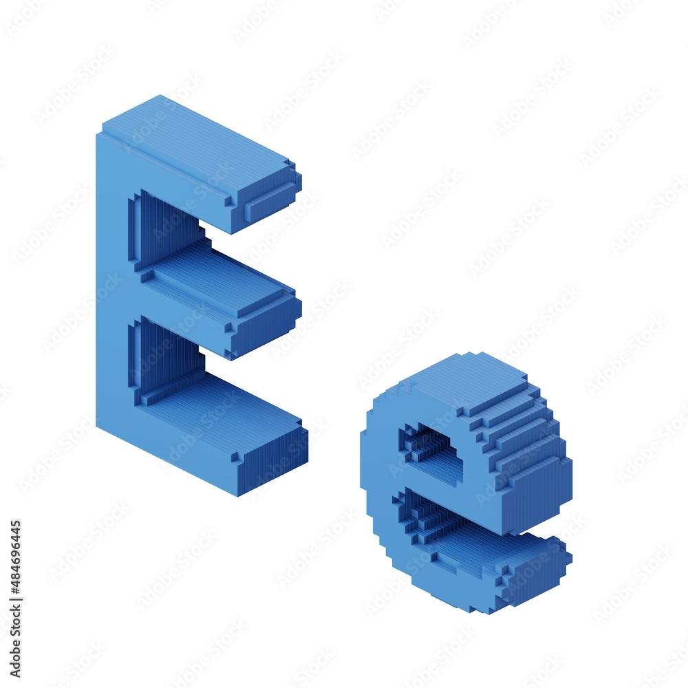 Letter E shaped block pixel with blue cubes. 3d illustration. Letter E shaped block pixel with blue cubes. 3d illustration.