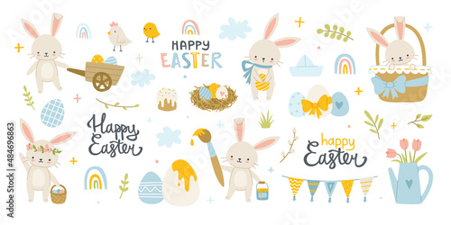 Easter cute bunny with painted eggs set. Adorable easter rabbit with traditional festive decor and calligraphy lettering.