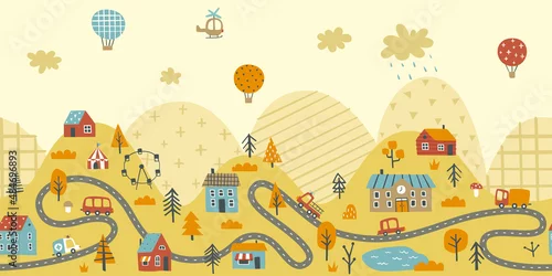 Obraz Doodle wall print autumn cityscape with road on the hills. Seamless bottom border with little town in mountain.