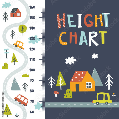 Height chart with mountain car road and house. Scandinavian wall scale for nursery.