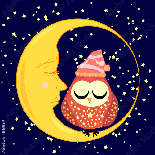 Good night card with sleeping moon and cute owl.