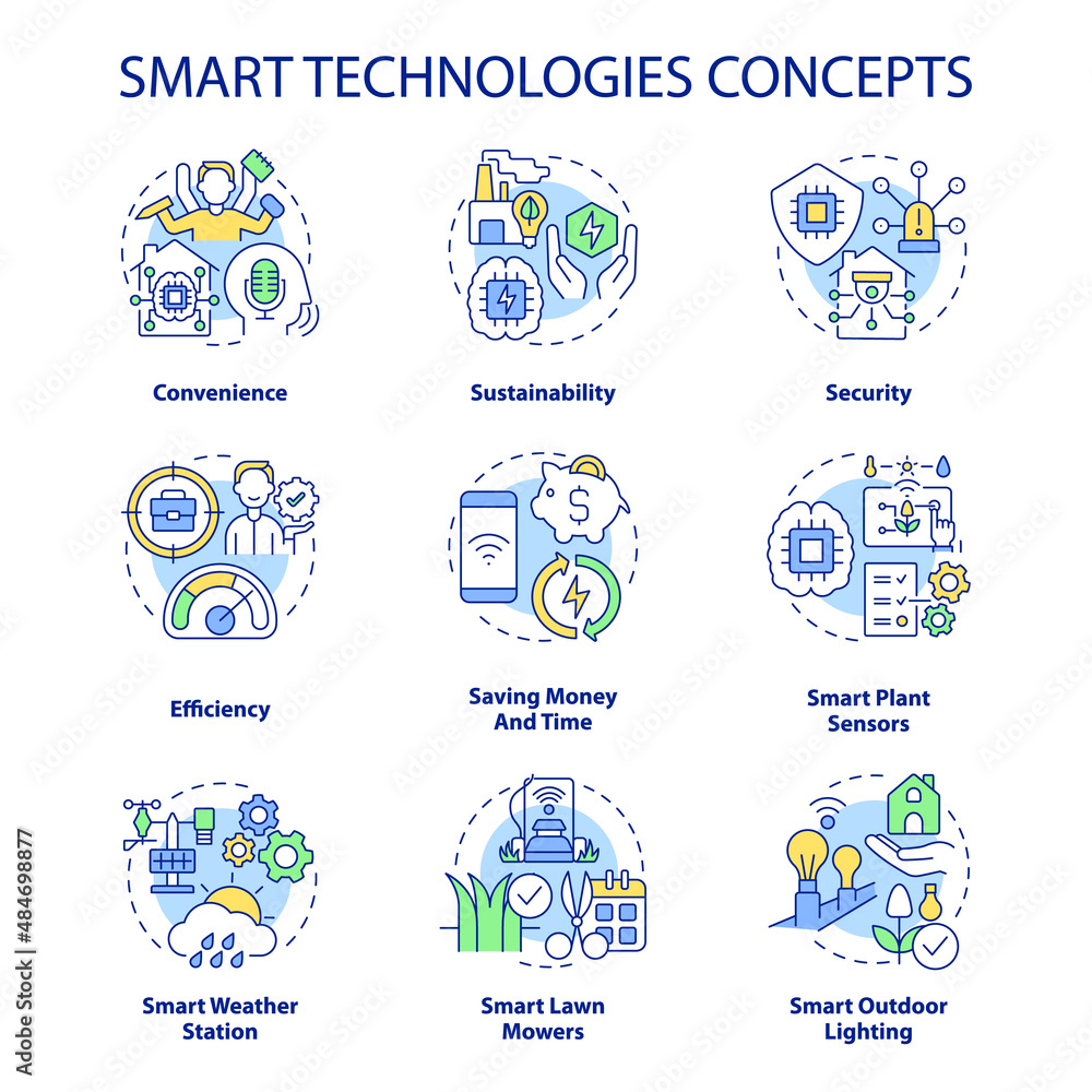 Smart technologies concept icons set. Iot devices idea thin line color illustrations. Saving money and time. Convenience. Isolated symbols. Editable stroke. Roboto-Medium, Myriad Pro-Bold fonts used