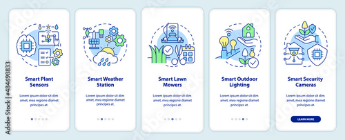 Smart devices for gardens onboarding mobile app screen. Plant sensors walkthrough 5 steps graphic instructions pages with linear concepts. UI, UX, GUI template. Myriad Pro-Bold, Regular fonts used