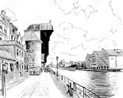 Poland. Gdansk. Motlawa river and The Crane. Hand drawn sketch. Vector illustration photo