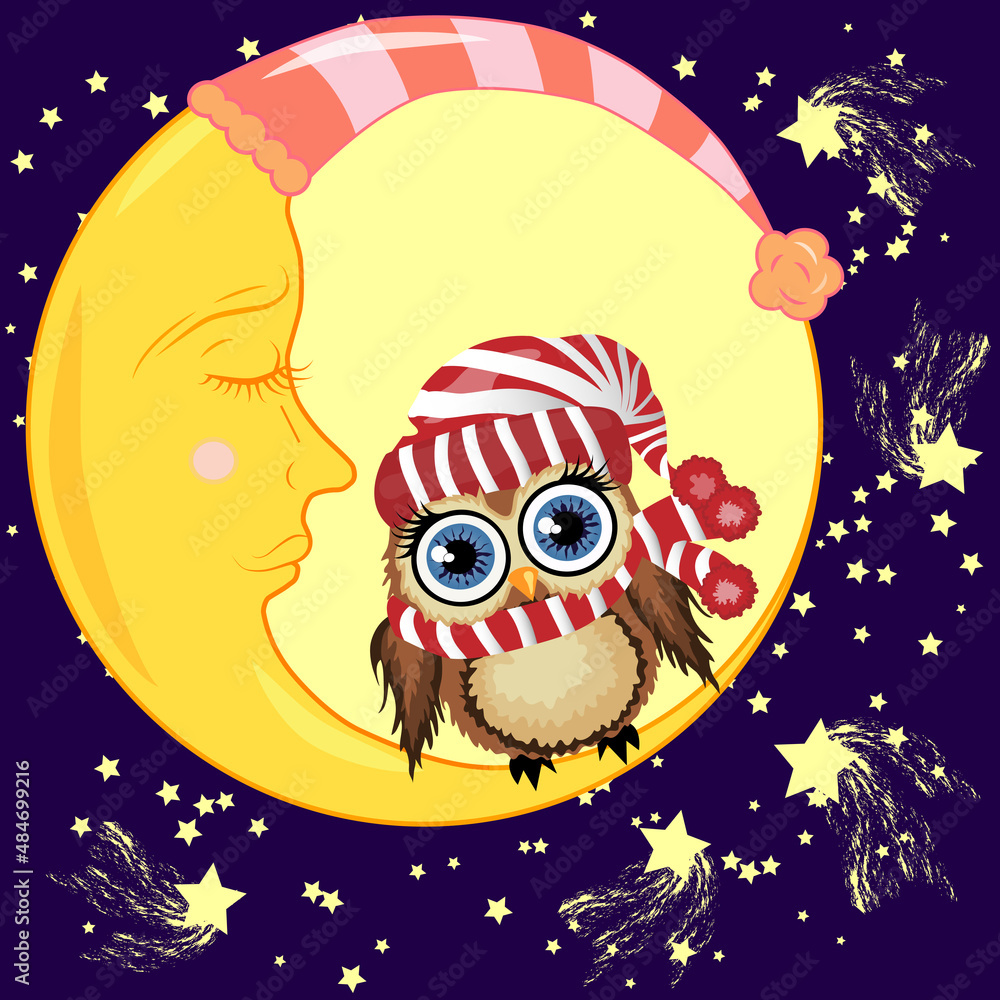 Fototapeta premium A lovely cartoon brown owl in a red hat and scarf sits on a drowsy crescent moon against the background of the night sky with stars