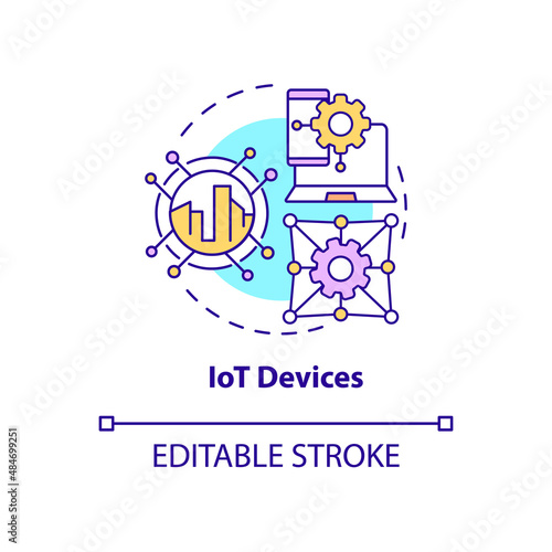 Iot devices concept icon. Smart technology product abstract idea thin line illustration. Online connectivity. Smart city. Isolated outline drawing. Editable stroke. Arial, Myriad Pro-Bold fonts used