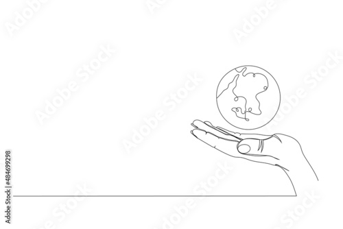 Continuous one line drawing. Hand holding Earth globe. Vector illustration.