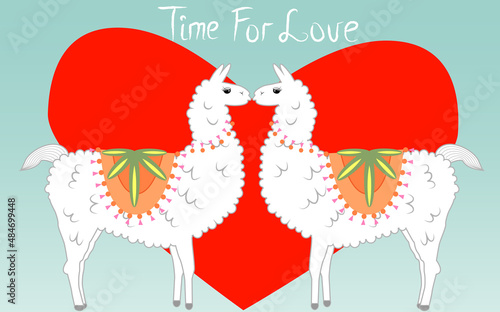 Two lovers, kissing llamas surrounded by hearts. Love is in the air. The inscription Time for love, postcard, Valentine's day