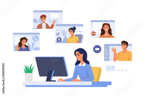 Online Meeting vector. Pc cscreen on table. Group of people friends online video conference call.