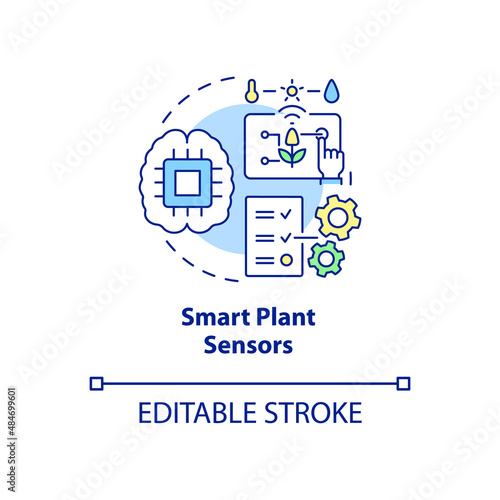 Smart plant sensors concept icon. Device for garden abstract idea thin line illustration. Innovative gardening accessories. Isolated outline drawing. Editable stroke. Arial, Myriad Pro-Bold fonts used