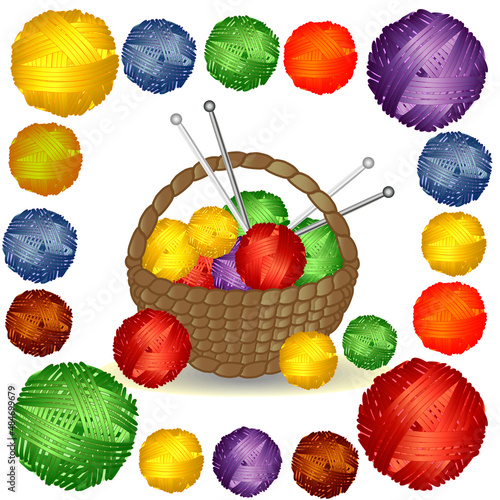 Basket with multi-colored tangles in a square Frame of multi-colored balls of wool