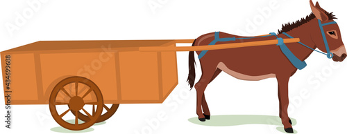 vector illustration of a brown donkey harnessed to a wooden cart, isolated on a white background