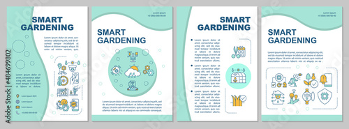 Smart farming mint brochure template. Easy gardening solutions. Leaflet design with linear icons. 4 vector layouts for presentation, annual reports. Arial, Myriad Pro-Regular fonts used