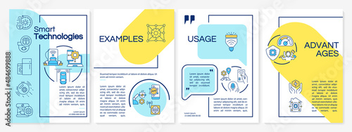 Modern technology blue and yellow brochure template. Energy conservation. Leaflet design with linear icons. 4 vector layouts for presentation, annual reports. Questrial, Lato-Regular fonts used