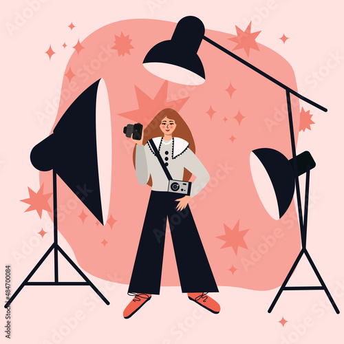 woman in a photo studio is preparing for a photo shoot. the concept of a working photographer. vector illustration for a book, website, banner