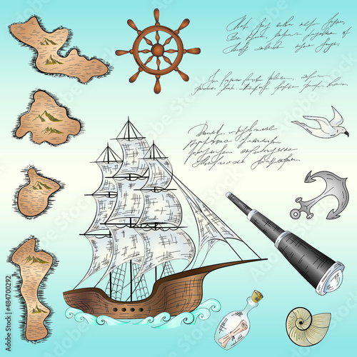 Marine nautical doodle set composition. Cartoon style vector illustration.