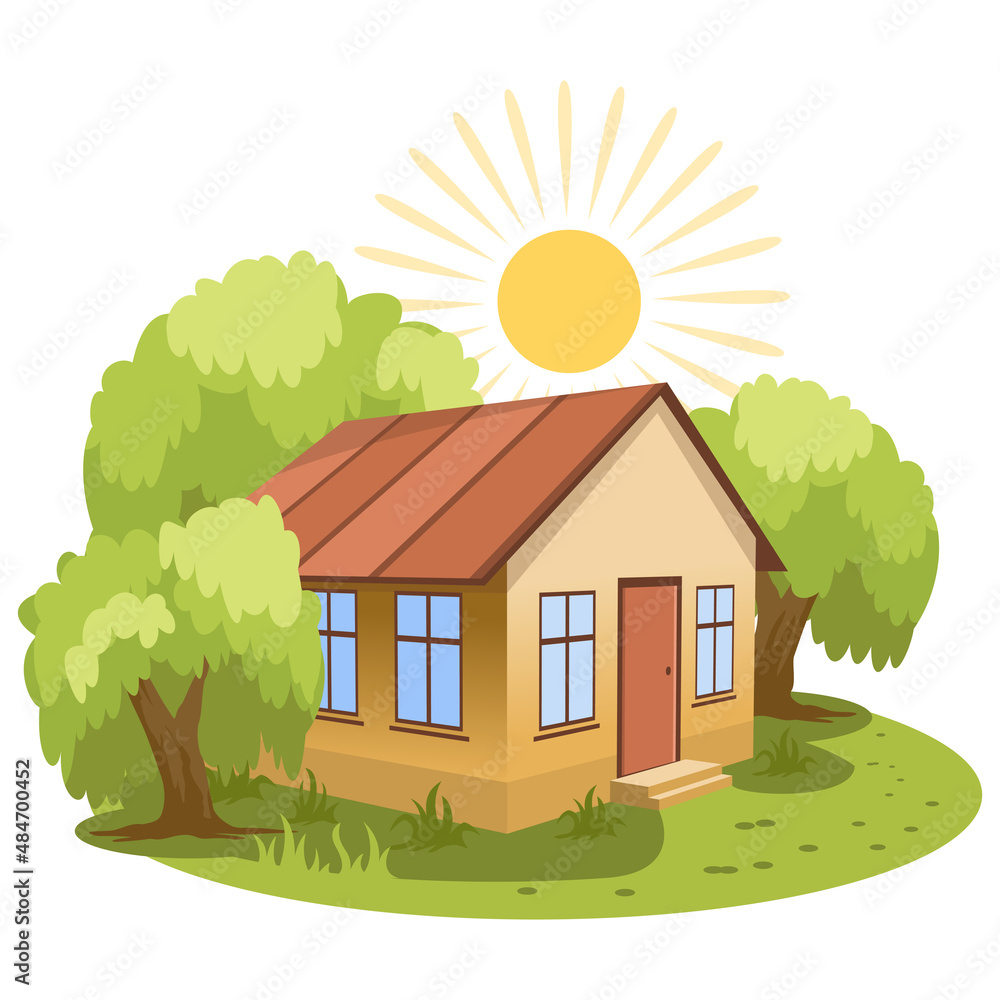 Naklejka premium Summer landscape. House surrounded by trees