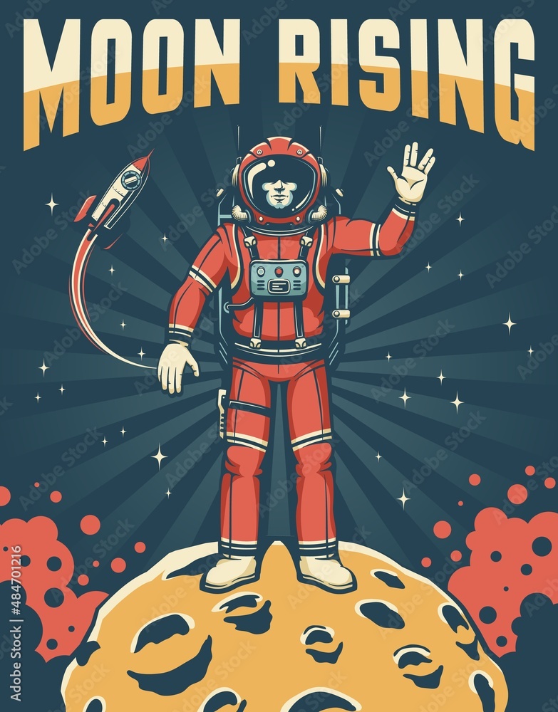 Spaceman in red space suit on the Moon - sky-fi retro poster. Astronaut on planet craters shows Vulcan salute gesture. Vector illustration in style. Vector | Adobe Stock