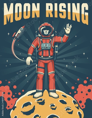 Spaceman in red space suit on the Moon - sky-fi retro poster. Astronaut on planet with craters shows Vulcan salute gesture. Vector illustration in vintage style.