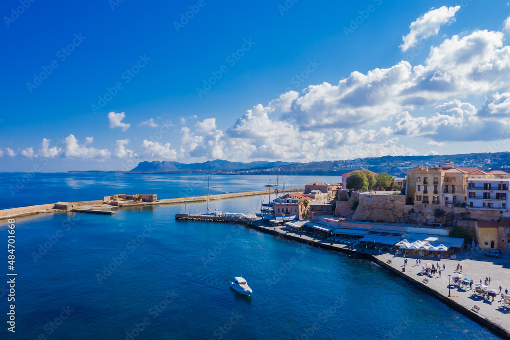  old Venetian harbor of  Chania bay on a sunny morning, Crete island. Greece
