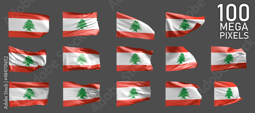 14 various images of Lebanon flag isolated on grey background - 3D illustration of object