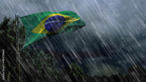 flag of Brazil with rain and dark clouds, squall wind forecast symbol - nature 3D illustration
