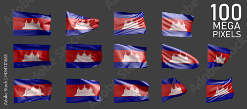 many different realistic renders of Cambodia flag isolated on grey background - 3D illustration of object