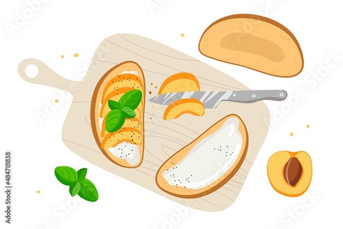 Tasty bruschetta with peach fruits, cream cheese, mint leaf on cutting board. Ingredients for toast cooking with inscriptions. Top view flat Vector for menu, cafe. Delicious snack for gourmets.