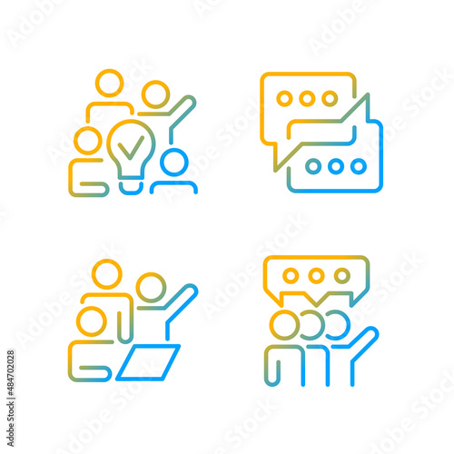 Group tasks gradient linear vector icons set. Sharing opinions. Communication for collaborative process. Thin line contour symbol designs bundle. Isolated outline illustrations collection