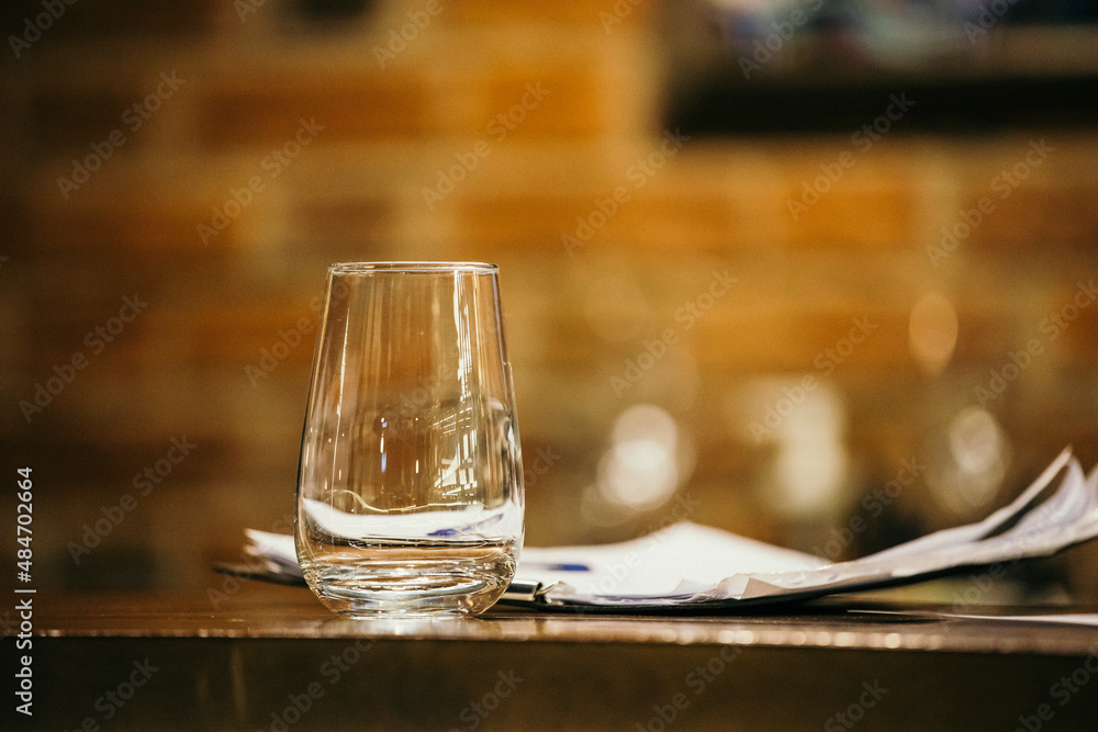 glass of water on a table in a restaurant