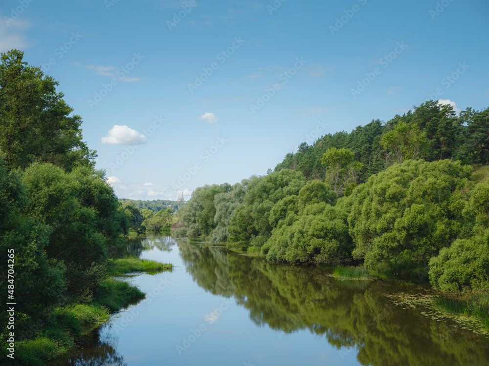 Travel in summer Russia, city of Borovsk, kaluga region , view of the river Protva, summer relax in village