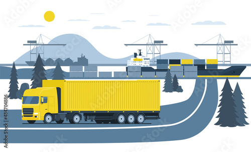 A truck is carrying a container from the port. Vector illustration.