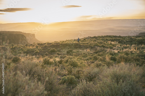 Male hiking through the sagebrush desert at sunset photo