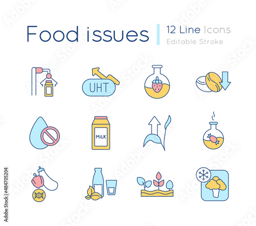 Food issues RGB color icons set. Processing methods. Food preservation. Isolated vector illustrations. Simple filled line drawings collection. Editable stroke. Quicksand-Light font used