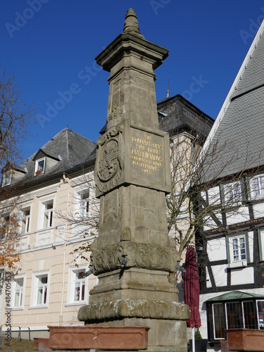 Maximilianbrunnen at the old market of Arnsberg, Sauerland, North Rhine-Westphalia, Germany