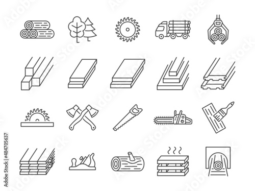 Lumber line icon set. Sawmill collection with log, axe, logging truck, saw, tree, carpentry. Editable stroke.