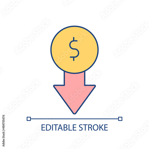 Decreasing price RGB color icon. Cost reduction. Lower expenses and expenditures. Discount and sale. Isolated vector illustration. Simple filled line drawing. Editable stroke. Arial font used
