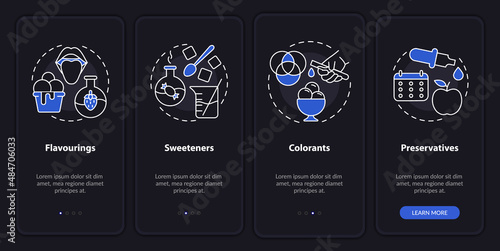 Food additives night mode onboarding mobile app screen. Walkthrough 4 steps graphic instructions pages with linear concepts. UI, UX, GUI template. Myriad Pro-Bold, Regular fonts used